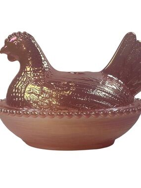 Rose’s Closet Pink Carnival Glass Hen on Nest 3 1/2” tall 4 3/4” long New